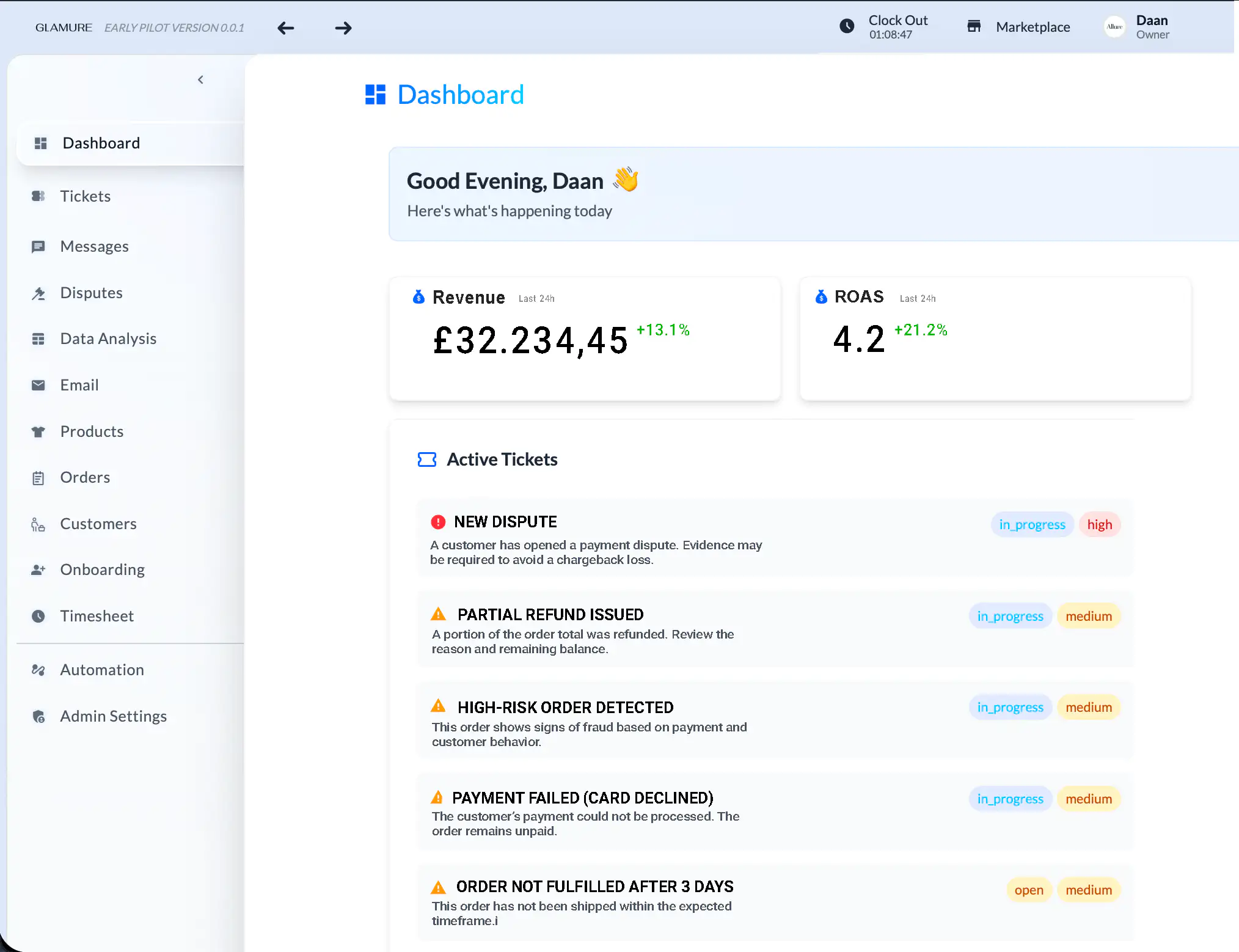 E-Sync dashboard showing orders, analytics, and inbox